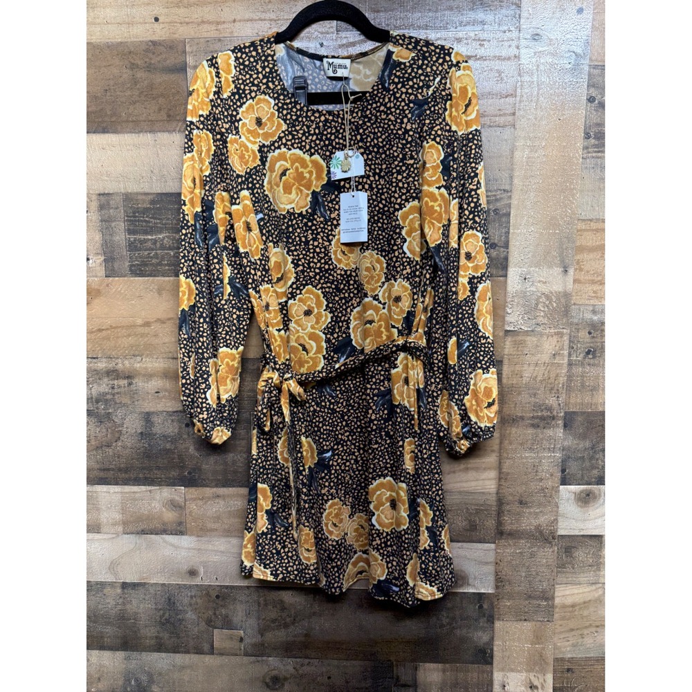 Show Me Your Mumu Yellow Floral Leopard Print Long Sleeve Mini‎ Belted Dress NEW